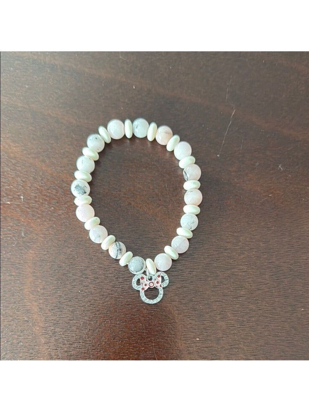 Disney Minnie Mouse Charm Beaded Bracelet Pink White Stretch Bracelet